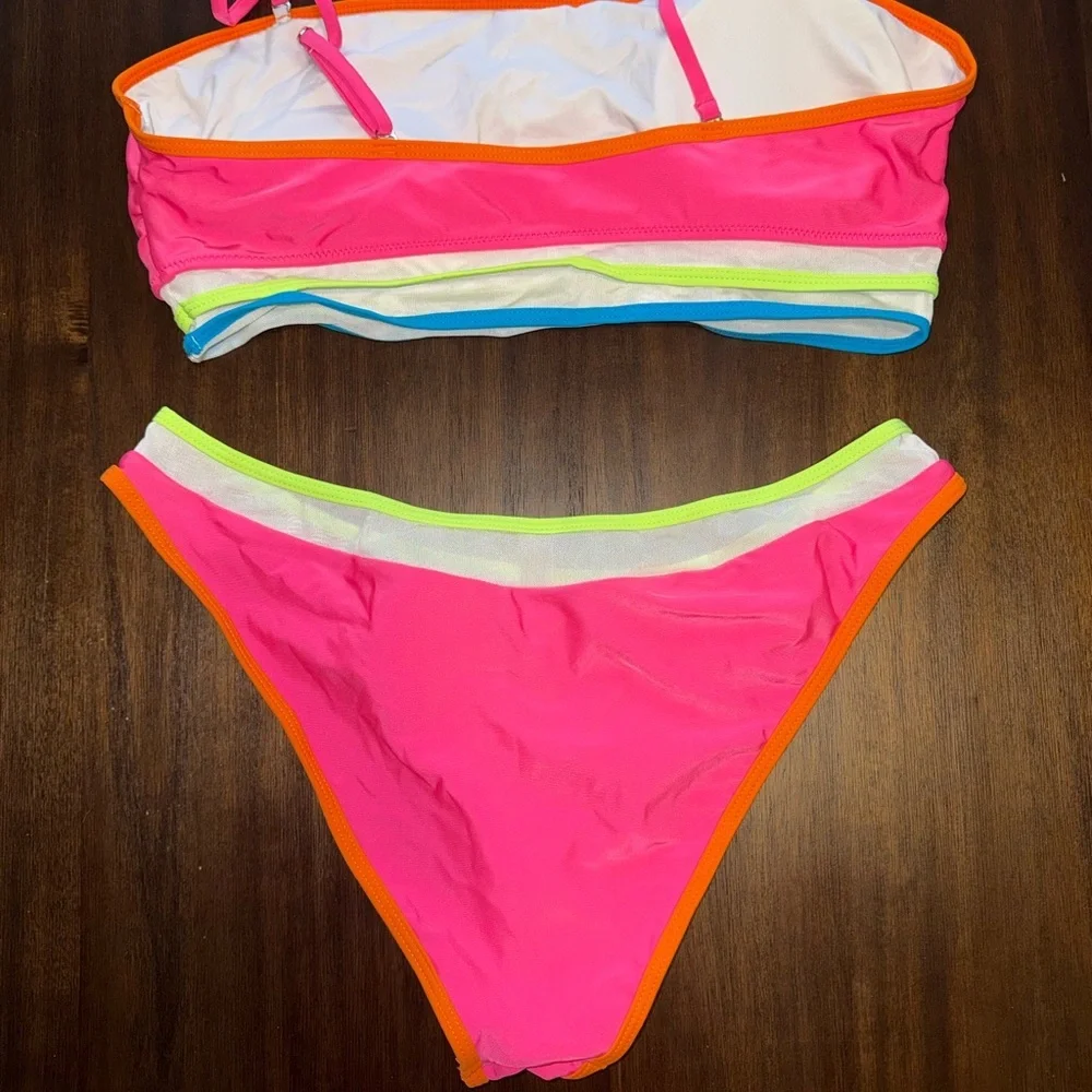 Neon Pink Bikini Set with Lime & Blue Trim and Orange Accent - Size XL - Picture 2 of 4
